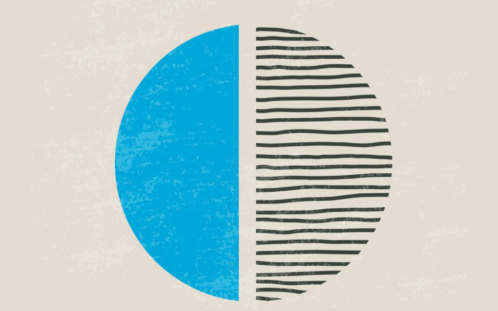 half blue circle completed with horizontal black lines in the shape of the other half of the circle