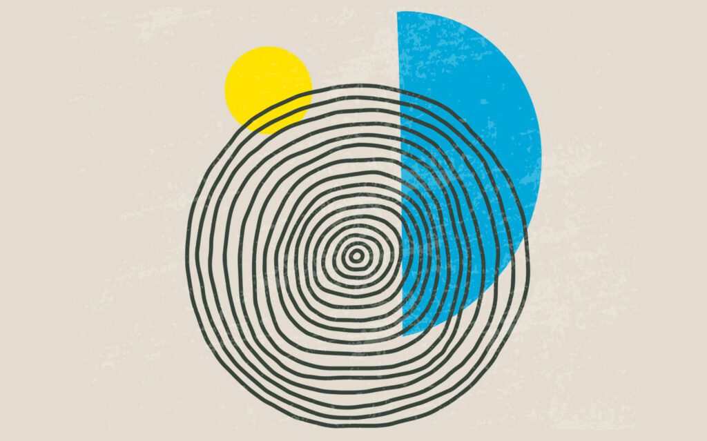 Circle lines in the middle of the graphic over small yellow circle and half blue circle