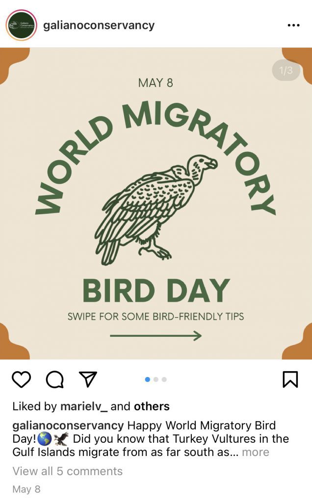 Galiano Conservancy Instagram World Migratory Bird Day Post