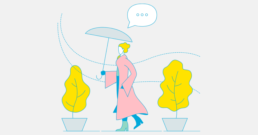 Person walking under an umbrella in a trench coat graphic