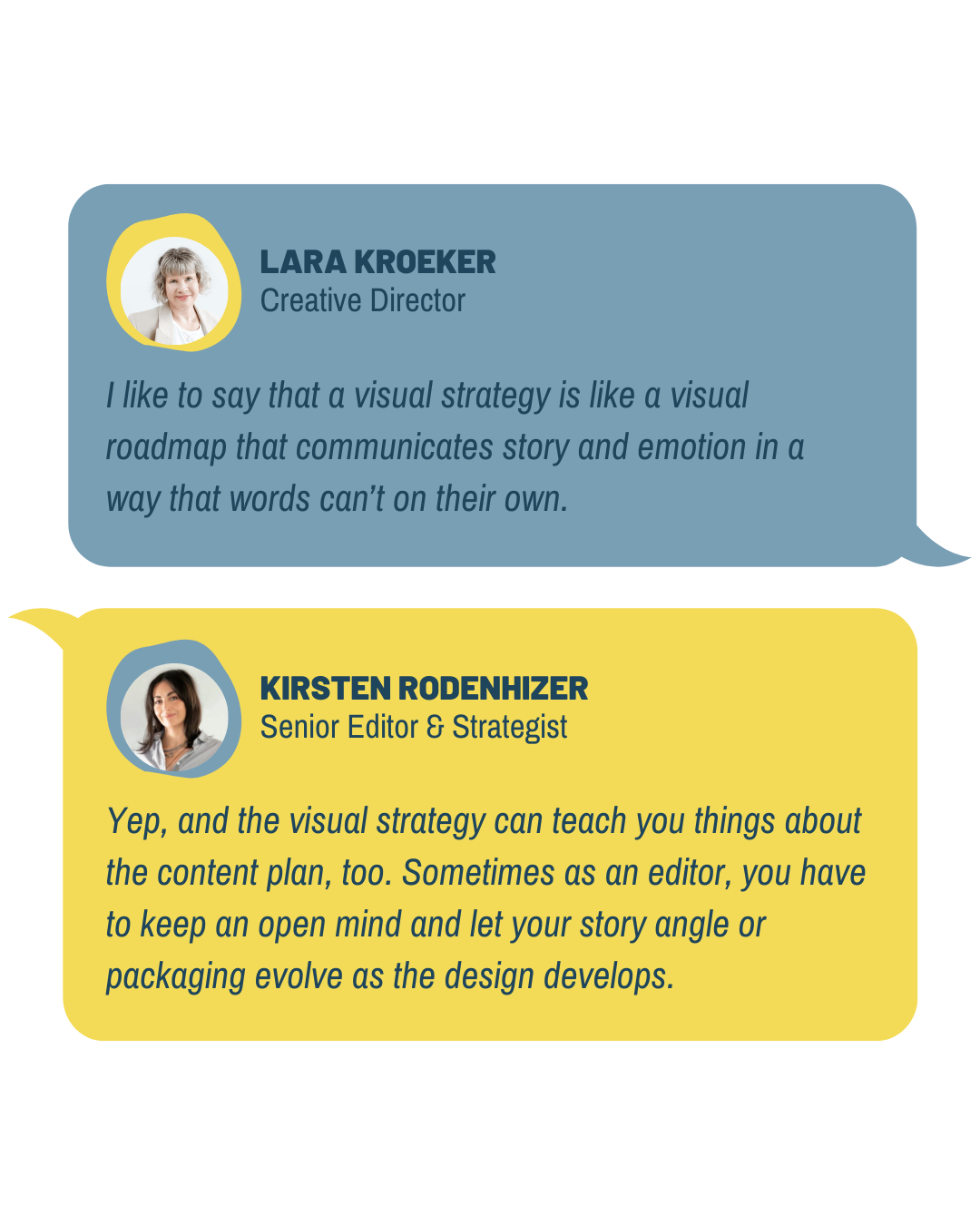 A text conversation between Kirsten Rodenhizer and Lara Kroeker of Forge & Spark Media talking about great graphic design, visual strategy, and how that fits into the content plan.