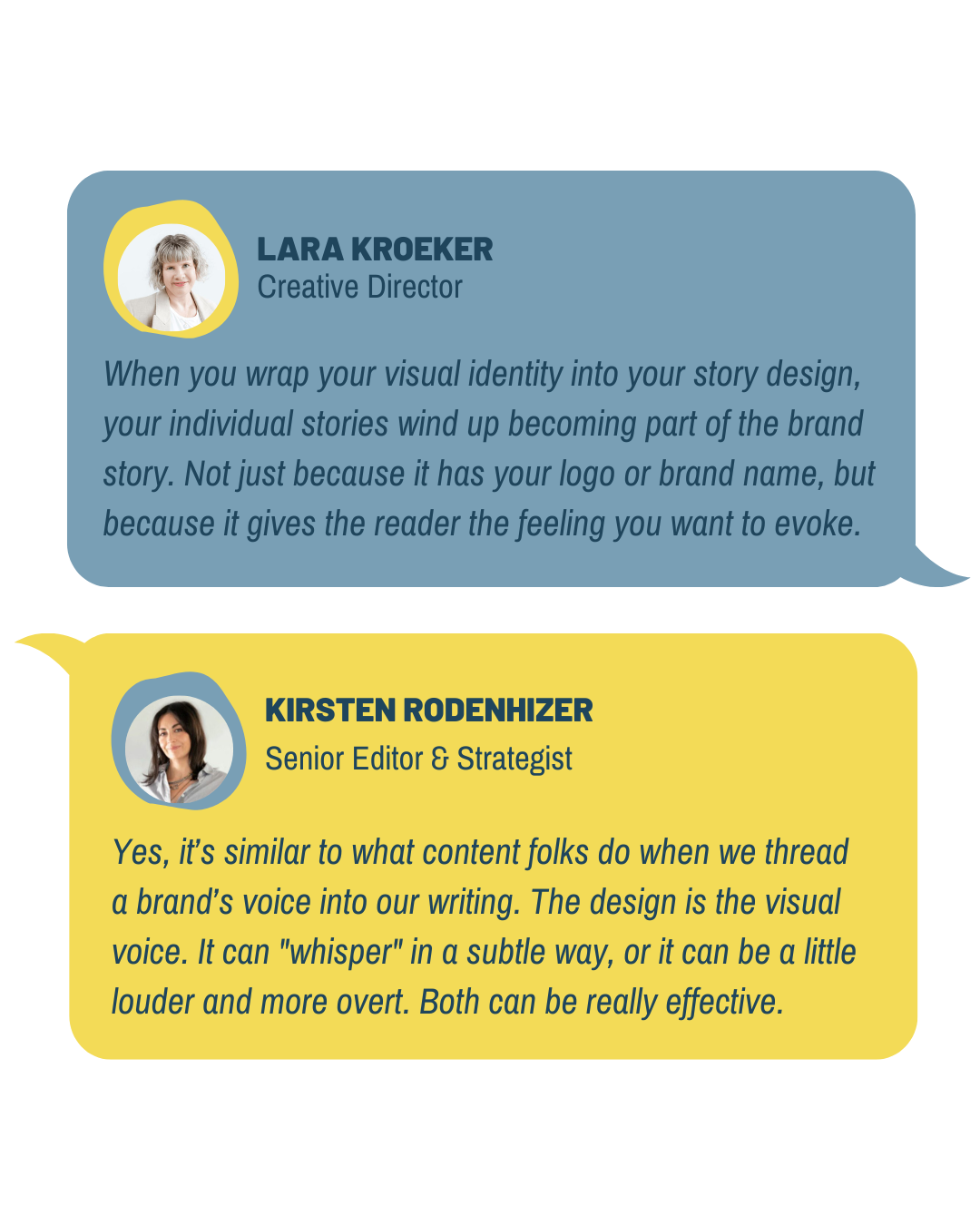 A text conversation between Kirsten Rodenhizer and Lara Kroeker of Forge & Spark talking about great graphic design and visual identity.