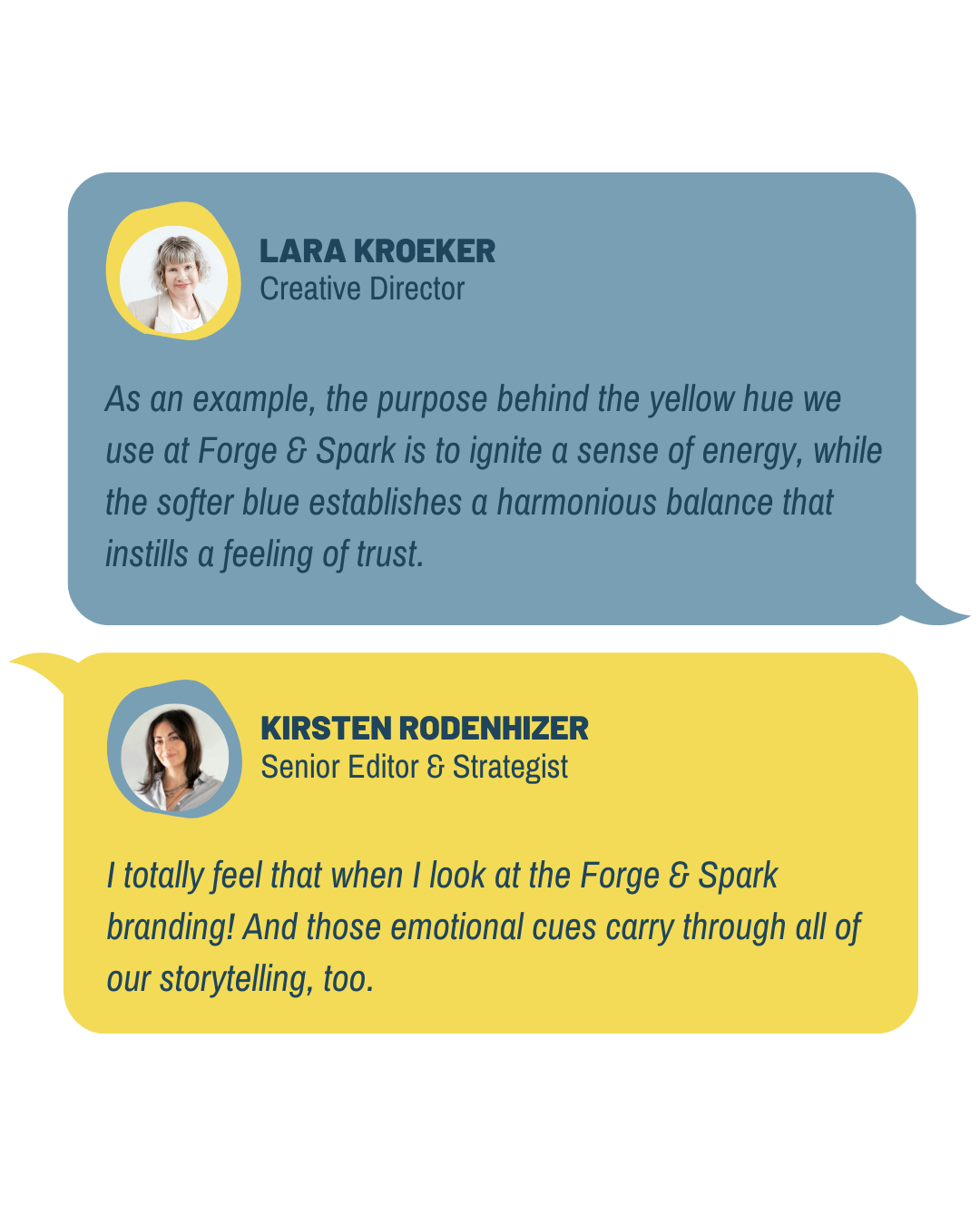 A text conversation between Kirsten Rodenhizer and Lara Kroeker of Forge & Spark Media talking about great graphic design and the meaning behind Forge & Spark's different brand colours (yellow for energy, and soft blue for balance and trust).