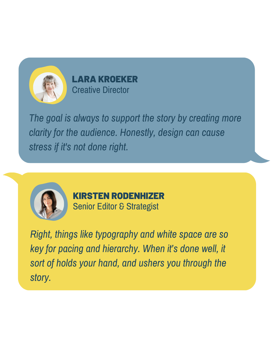 A text conversation between Kirsten Rodenhizer and Lara Kroeker of Forge & Spark Media talking about how great graphic design supports storytelling for the audience—like how white space and typography are key for pacing and hierarchy.