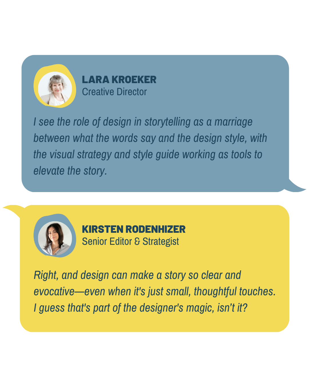 A text conversation between Kirsten Rodenhizer and Lara Kroeker of Forge & Spark Media talking about design, visual style guides, and visual strategy—all to elevate a brand's storytelling.