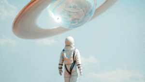 Robot facing a dreamy earth in a clear sky